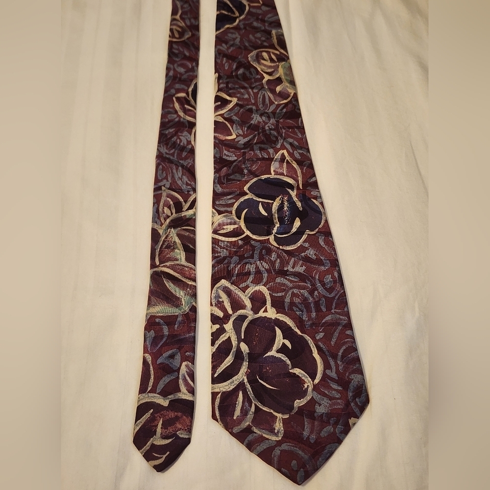 Vintage Floral Silk Tie Burgundy Gold Wide Retro Pattern Necktie OS